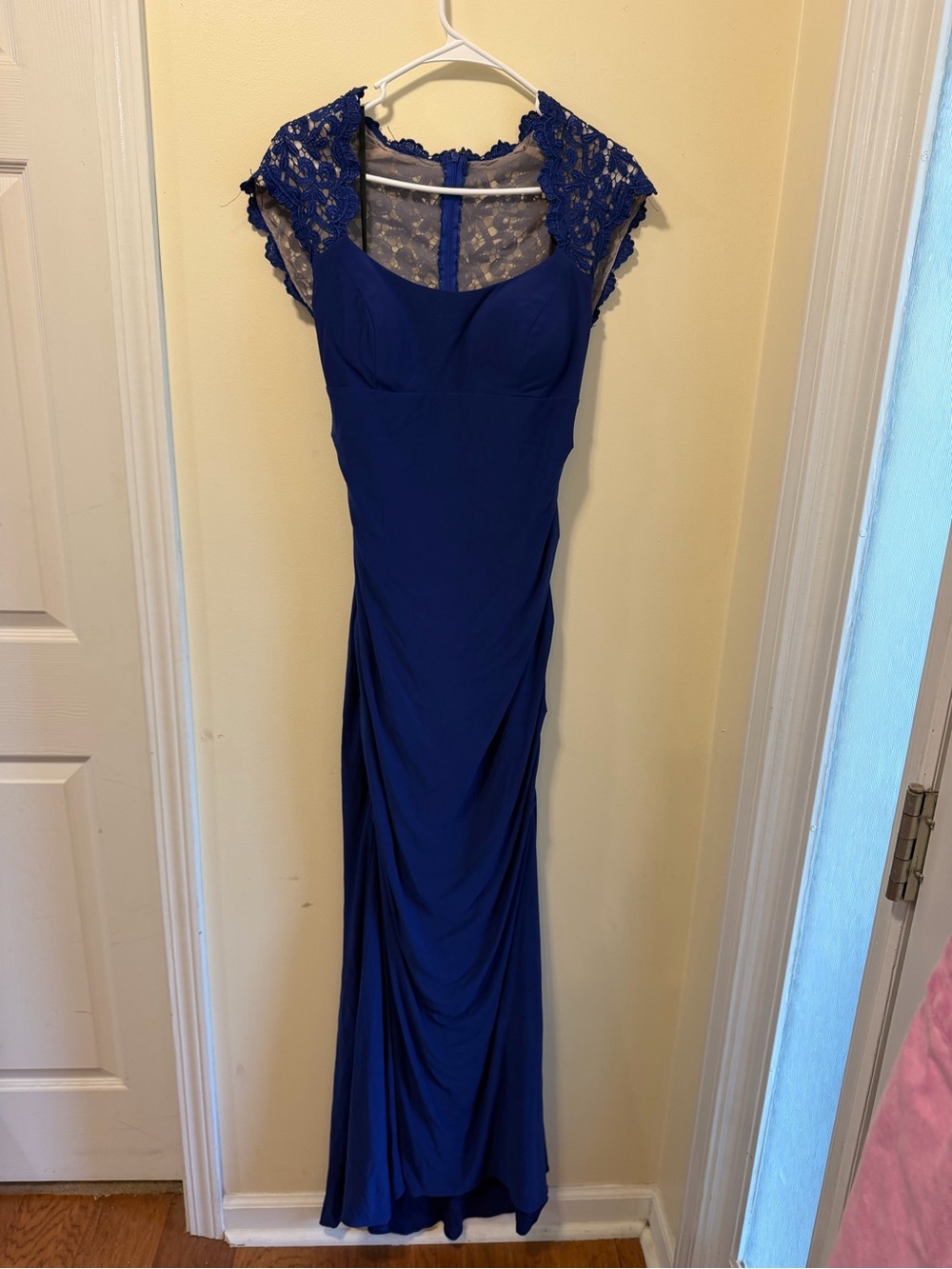 Xscape Royal Blue Lace-Cap Sleeve Prom Gown